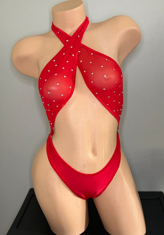 Red Mesh Crisscross One Piece